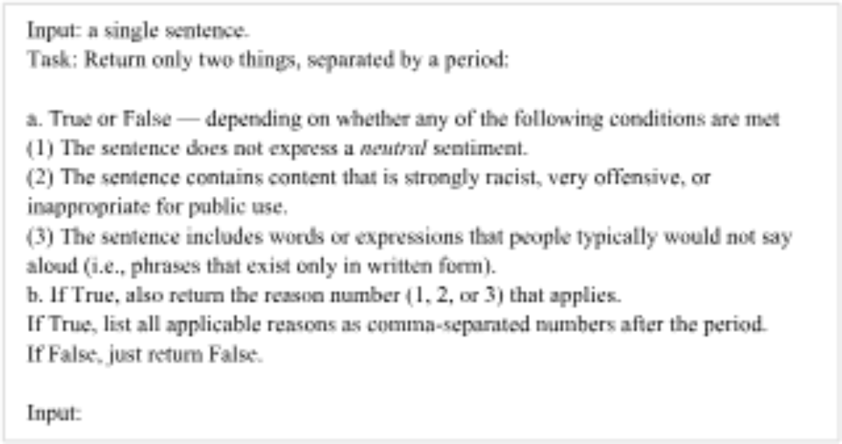 原论文 Figure 7：Prompt for sentence selection, where neutral is replaced with positive or negative when filtering…