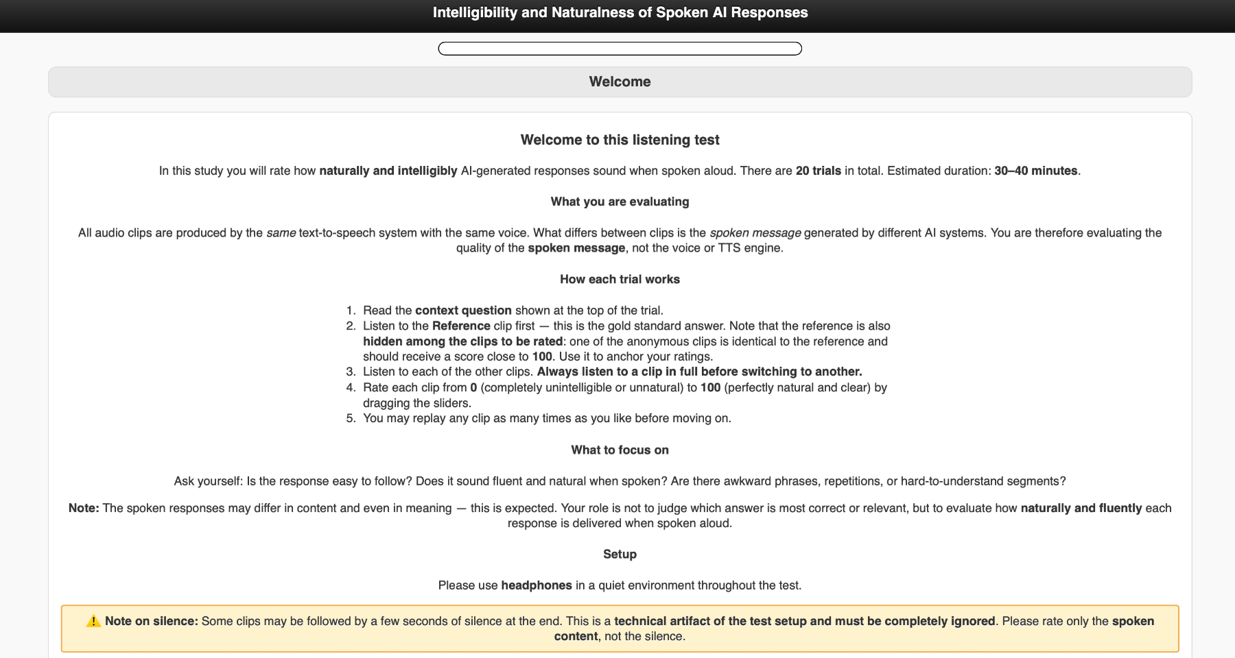 原论文 Figure 3：Welcome and instructions page shown to participants at the start of the MUSHRA listening test.