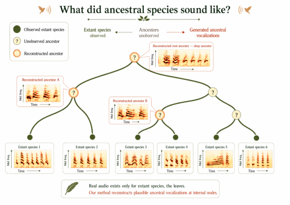 原论文 Figure 1：Motivation. Extant species at tree leaves have observed vocalizations (mel spectrograms);…