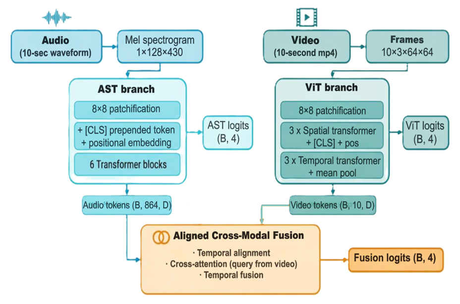 原论文 Figure 1：AVNet architecture. The AST branch processes audio spectrograms and the ViT branch processes…