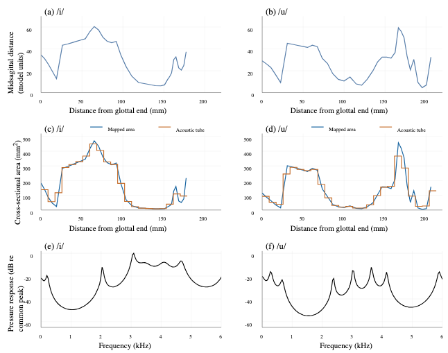 原论文 Figure 2:Distance-to-area conversion and acoustic consequences for the same /i/ (left) and /u/ (right)…